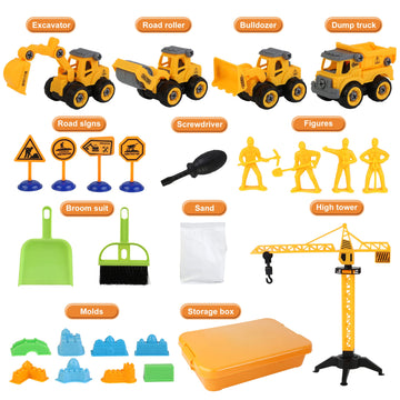 WICOTOO Sand Construction Kit,Sandbox,2.2lbs Magic Sand W/4 Take Apart Construction Trucks,Tower Crane,8 Sand Molds,4 Worker Fig