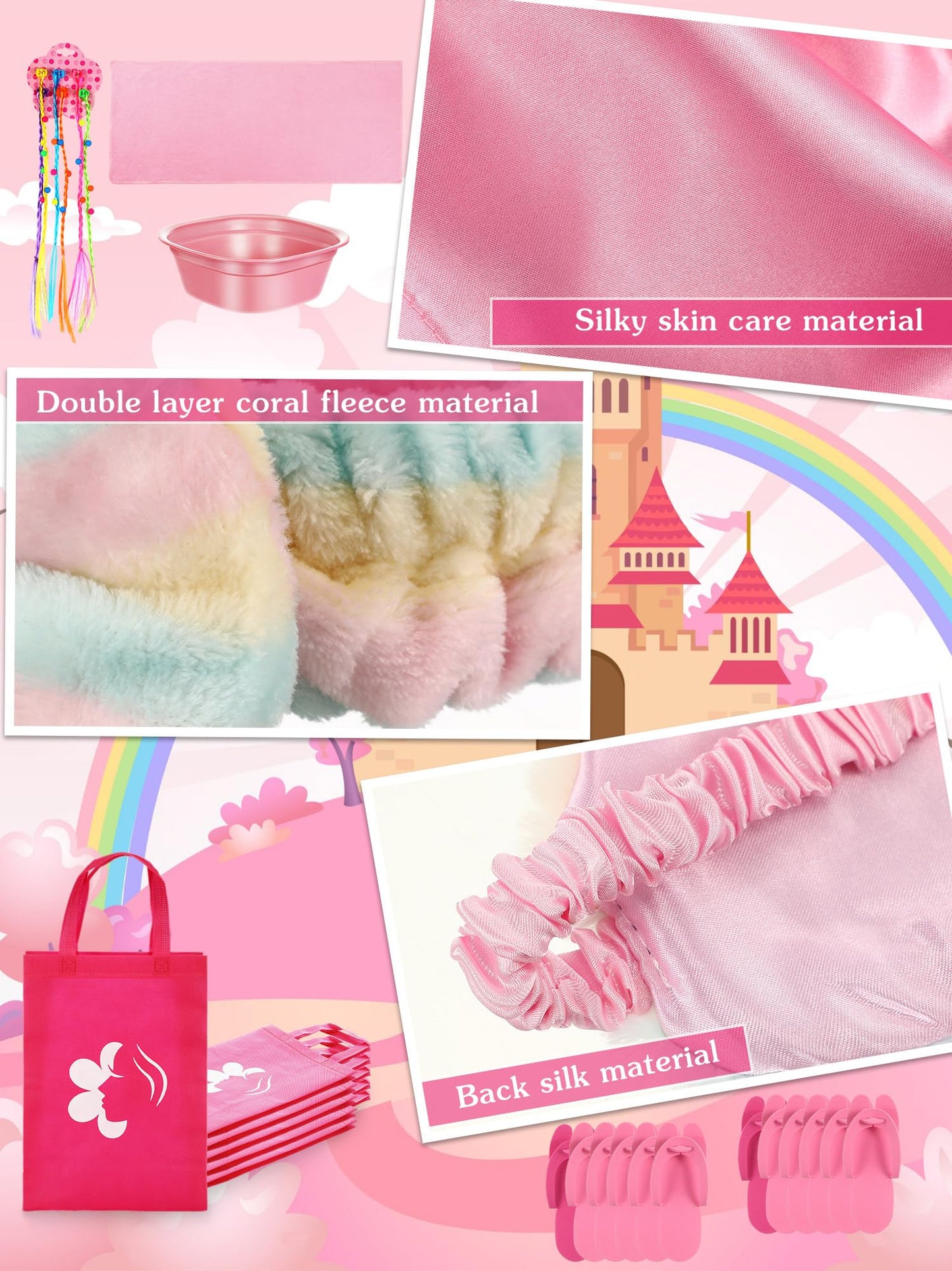Suhine 6 Set Spa Party Supplies For Girls, Kids Satin Robes Nail Salon Kit Spa Kit Accessories For Birthday Party Favors (Pink,