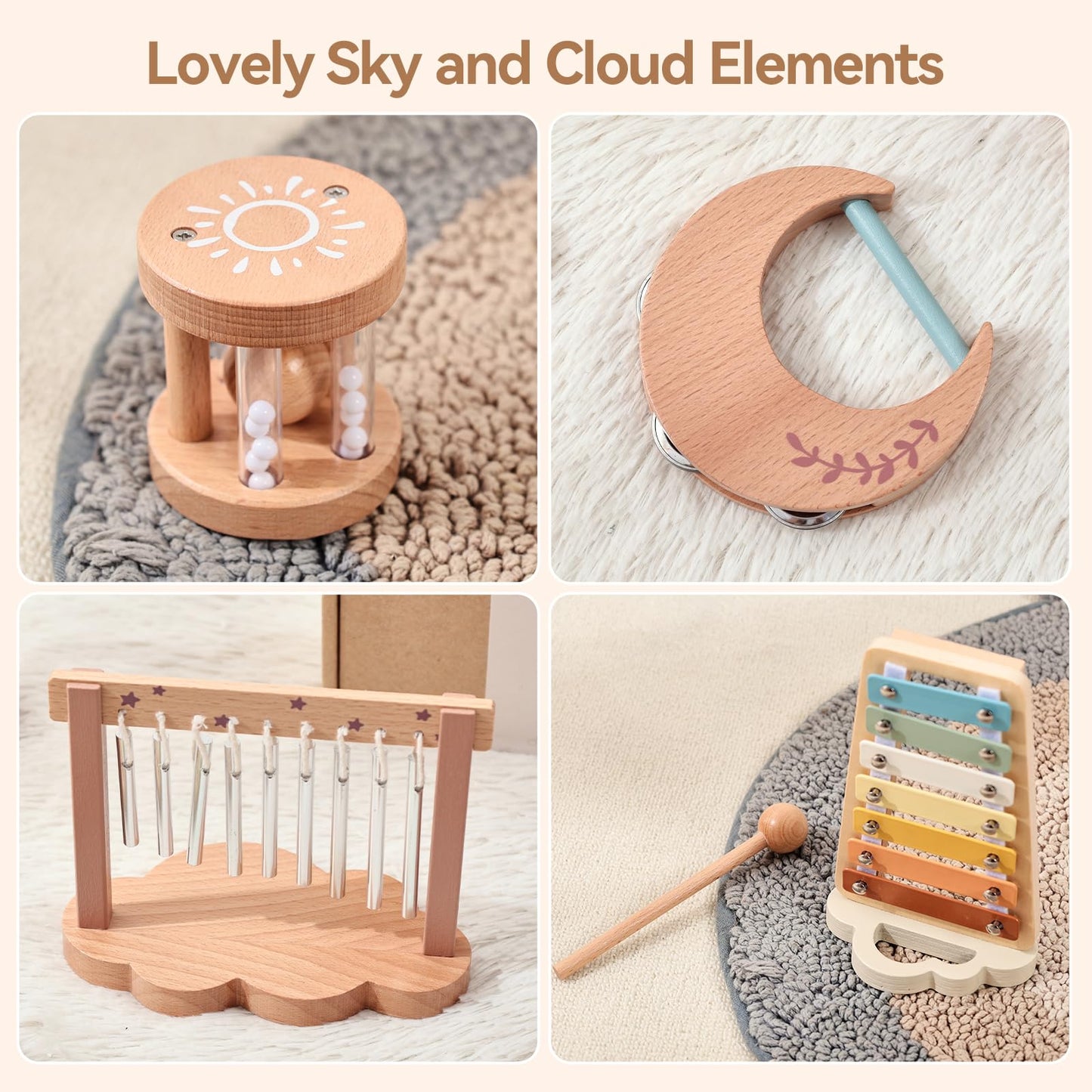 Promise Babe Wooden Xylophone Musical Instrument Sets Toy For Kids, Rattle Bell Montessori Cloud Toddler Music Percussion Toys, Christmas Birthday Gifts For Boys Girls 3 Year+