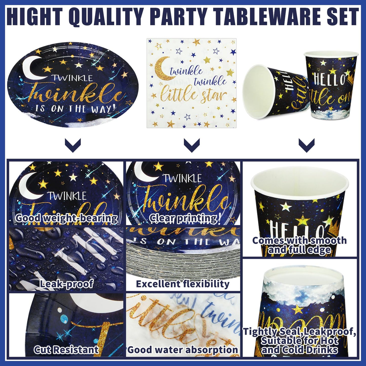 200 Pcs Twinkle Twinkle Little Star Baby Shower Paper Plates Napkins Cups Baby Shower Party Supplies Tableware Set Navy Blue Dis