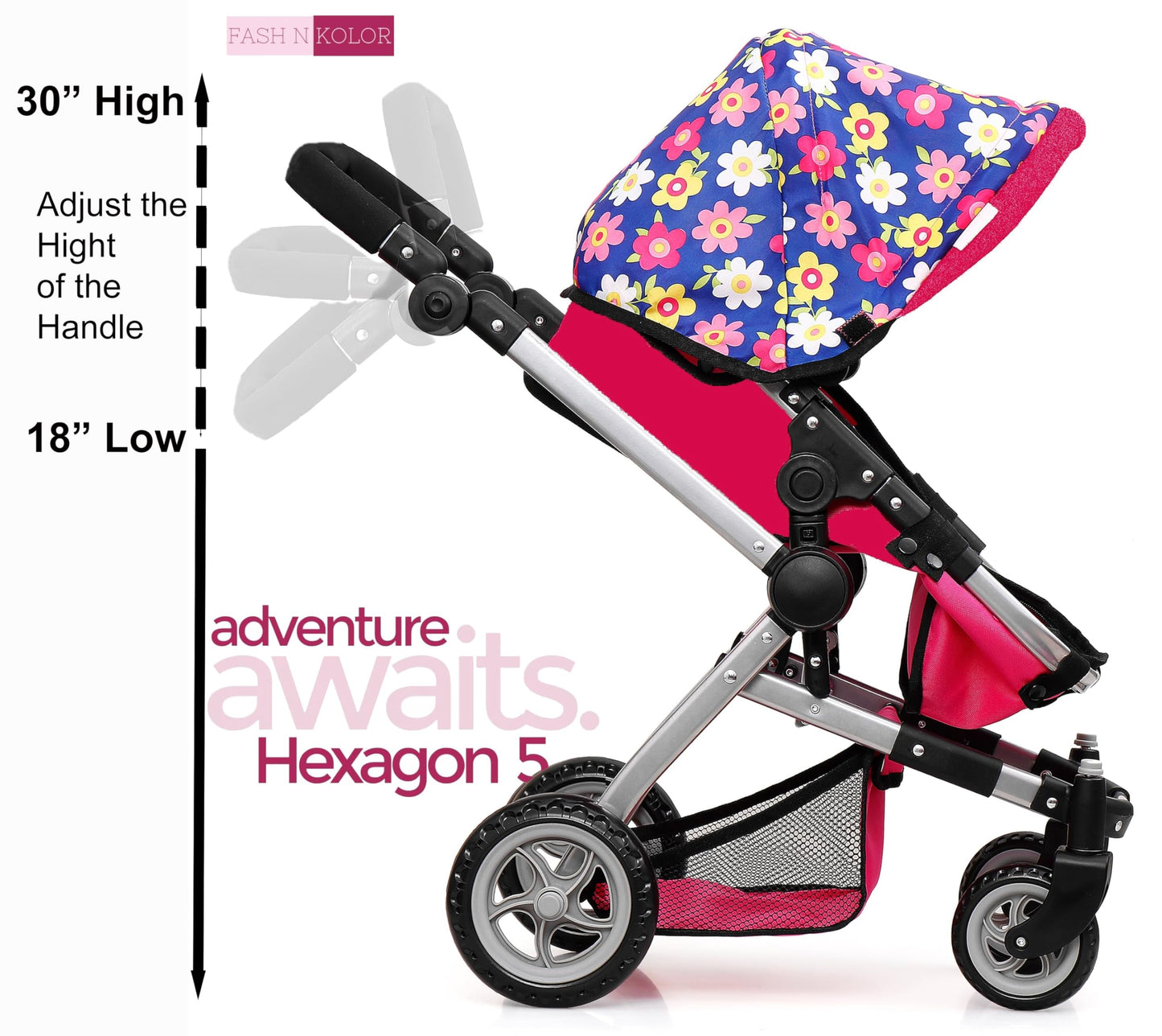 Fash N Kolor | Foldable Pram For Baby Doll With Flower Design With Swiveling Wheel Adjustable Handle Bassinet Stroller With Baby