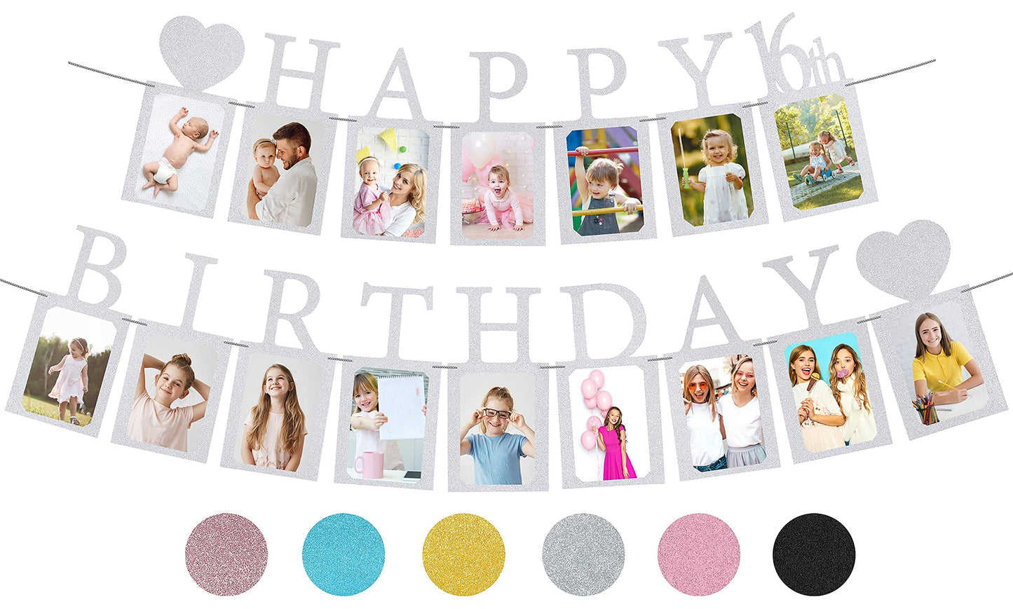 Sweet 16 Birthday Decorations Photo Banner In Silver Pre-Assembled - Sweet 16 Banner With Sixteen Photo Card Frames Party Suppli