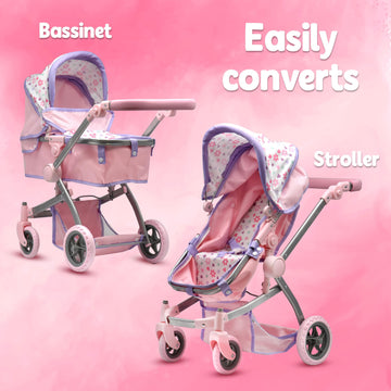 Dolls To Play Baby Doll Convertible Pram Stroller for Kids Adjustable Handle Foldable Buggy Carriage with Canopy and Storage Basket Heavy Duty enhanced Quality Purple - 25 Inch