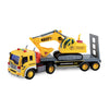 Maxx Action 17” Vehicle Transport Playset with Excavator, Bright Lights & Sounds, Friction Powered, Yellow Construction Truck for Kids