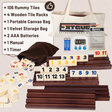 Extguds Rummy Cube Game Set - 2-4 Players, 106 Large Tiles, Rubberwood, Brown, Includes 4 Racks/Trays & Canvas Bag, Model YJ-