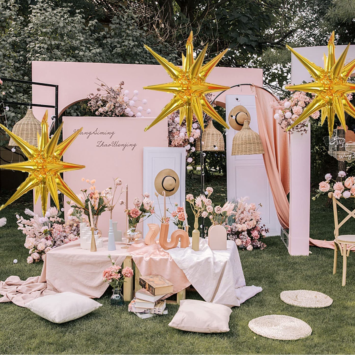 6 Pcs Gold Star Foil Balloons One-Piece 14-Pointed Star Balloons 4D Starburst Cone Mylar Balloons 22Inch Christmas Birthday Wedd