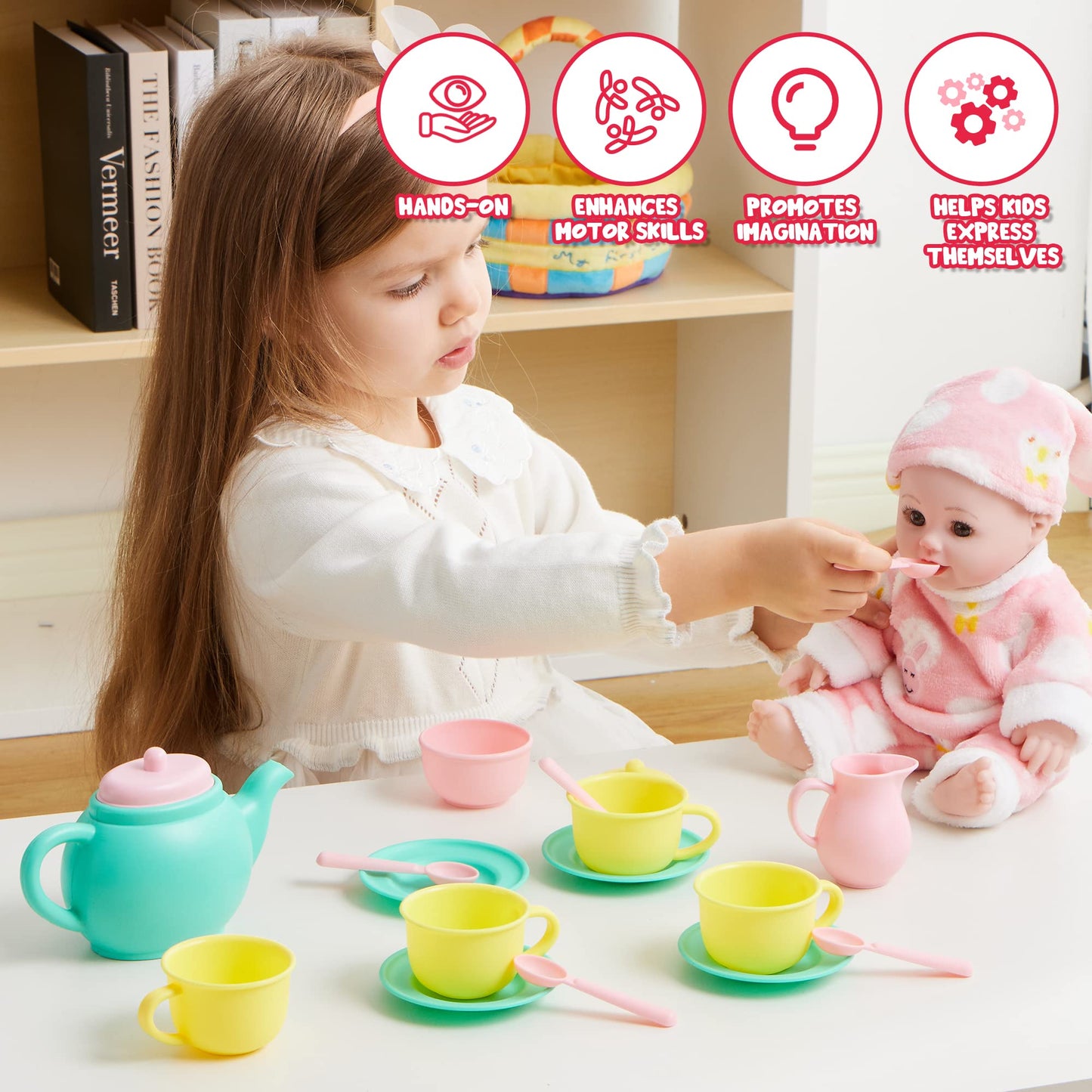 JOYIN 18PCS Pretend Play Tea Party Set Play Food Accessories BPA Free, Phthalates Free, Plastic Tea Set, Mini Kitchen for Kids,