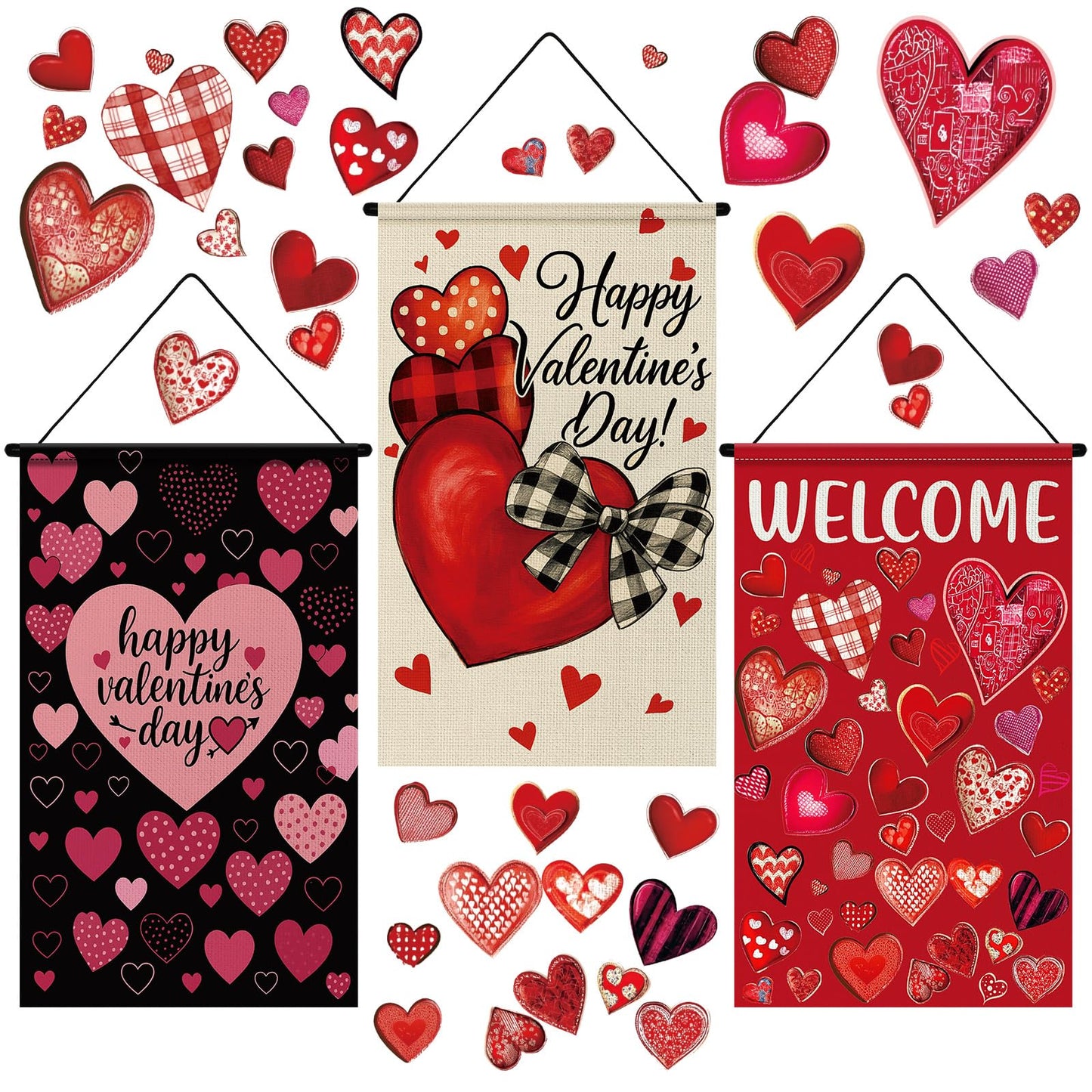 Tegeme 3 Pcs Happy Valentines Door Sign Flag Valentines Hanging Door Banner Red and Pink Heart Hanging Flag Decoration for Party