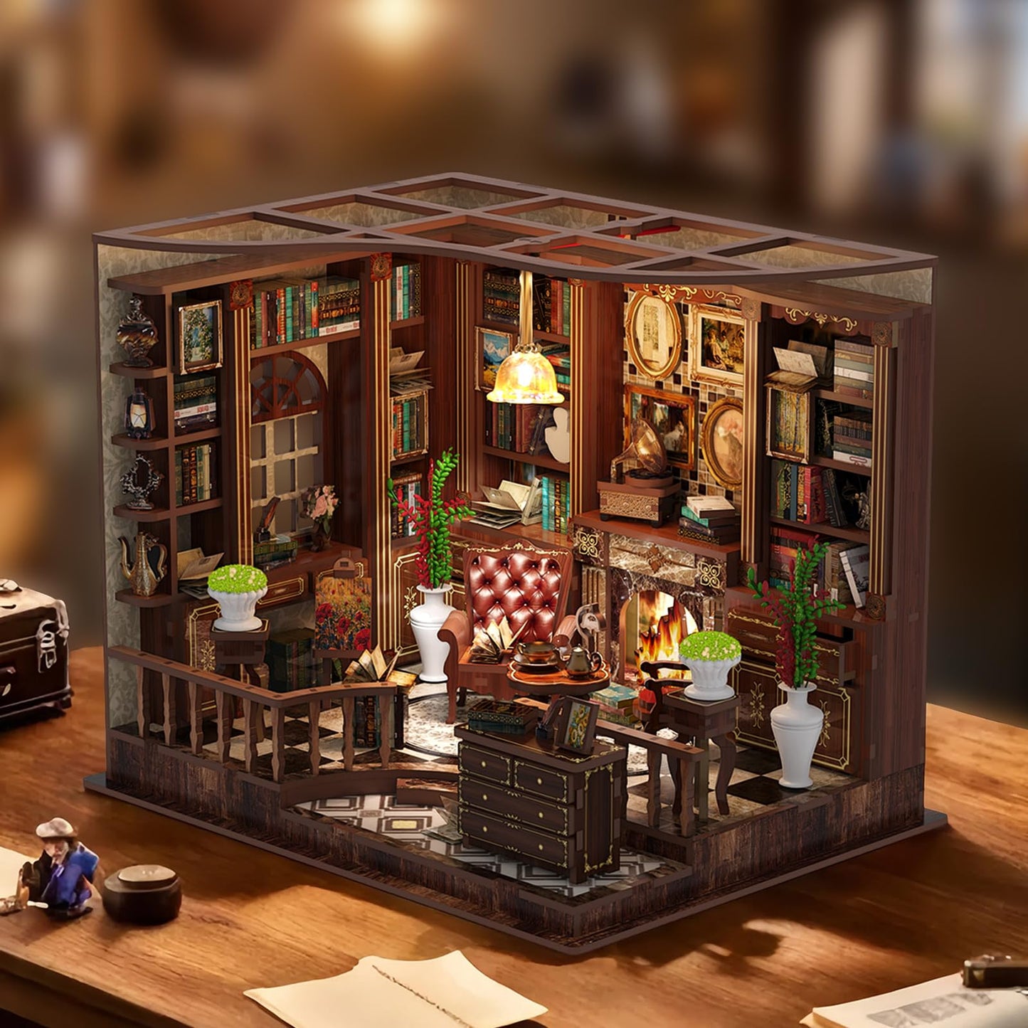 DIY Miniature House Kit with LED, Book Nook Library, 3D Wooden Puzzle Craft Kit for Adults and Teens, Bookshelf Decor, Creative