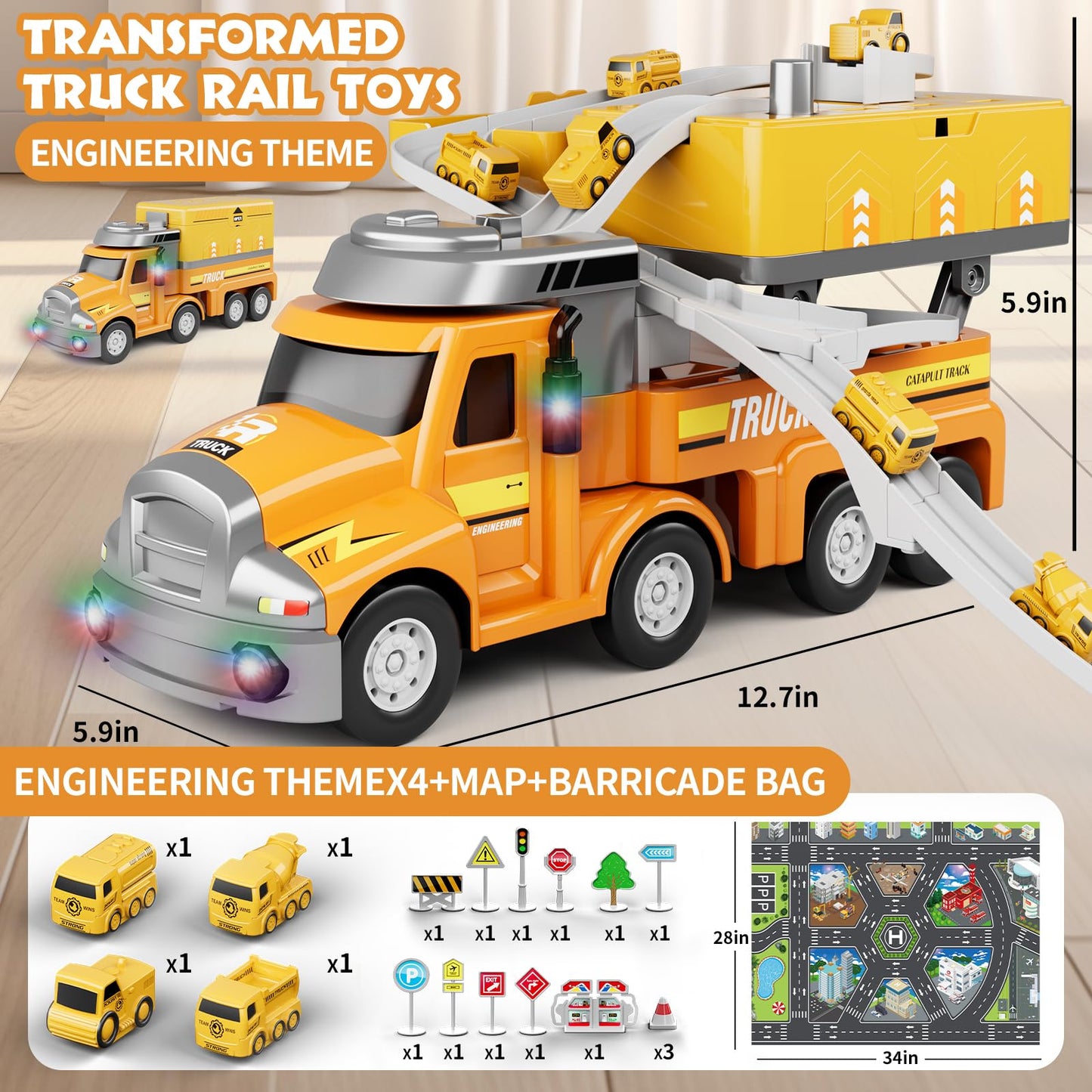 Dwi Dowellin Construction Truck for Kids Ages 3-5, Truck Transport Car with 4 Mini Vehicles & Playmat,Truck Toys with Light and
