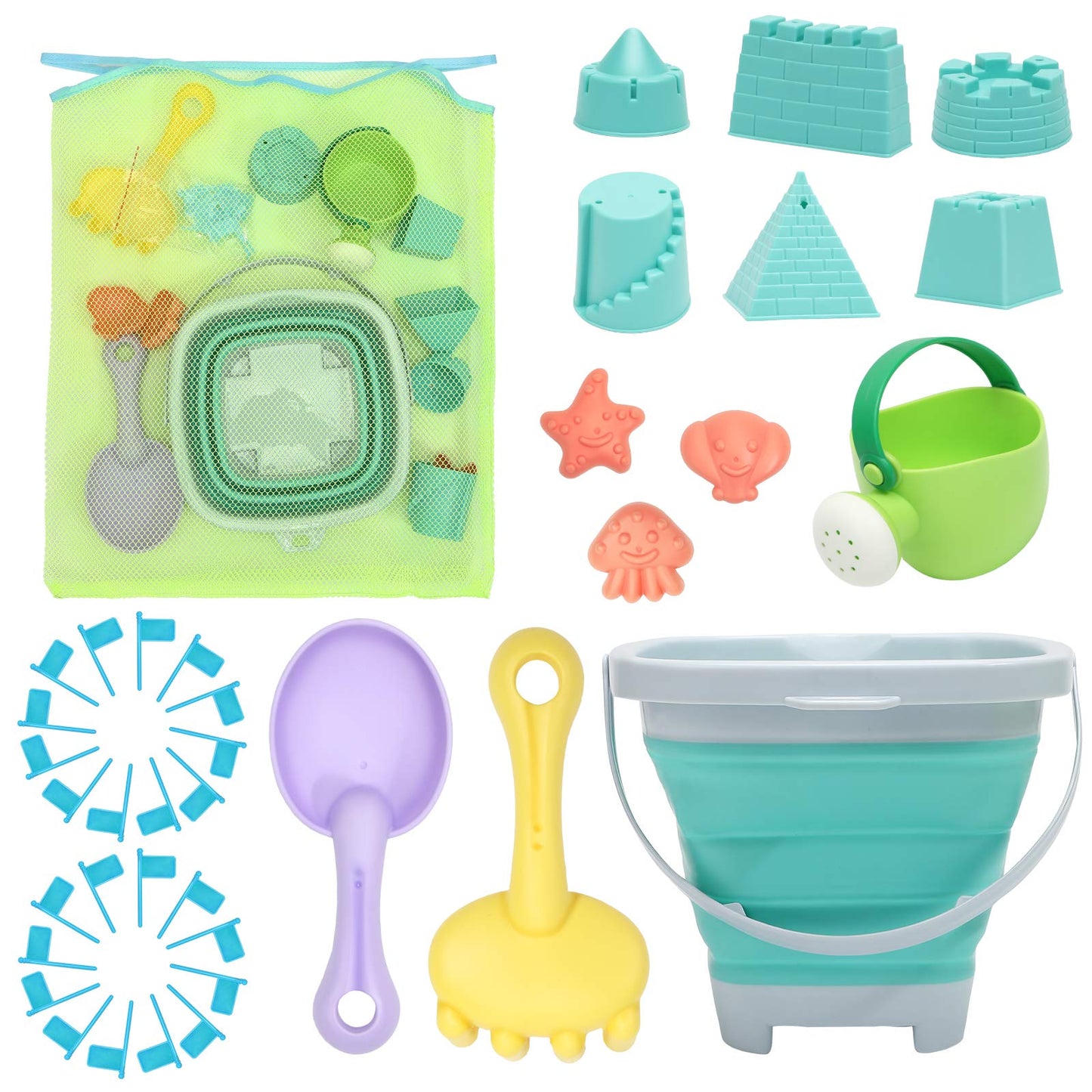 RACPNEL Beach Toys Sand Set for Kids, Collapsible Bucket and Shovels with Mesh Bag, Molds, Flags, Sandbox Kids Toddlers, Travel