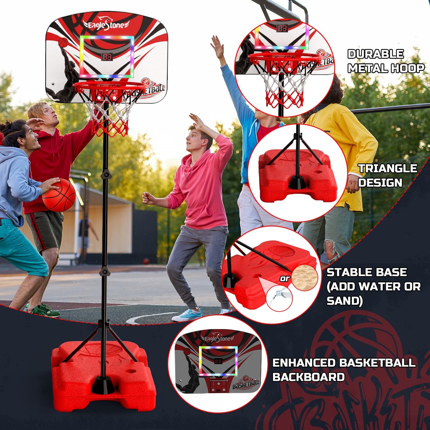 Eaglestone Kid Basketball Hoop Outdoor, Toddler Basketball Hoop Indoor Adjustable Height 2.9Ft-6Ft With Led Lights,Scoreboard, Mini Hoop With 3 Balls,Outdoor Basketball Toys For Boys Kids Ages 4-8