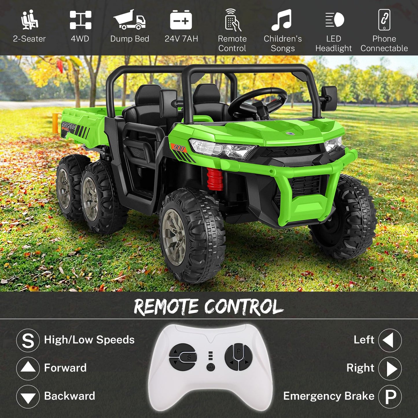Hikole 24V Kids Electric Dump Truck Car, 2 Seater Ride On Car For Kids W/Remote, Battery Powered Electric Car W/Motorized Dump B