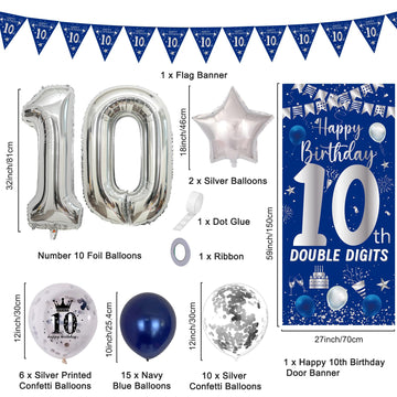 10Th Birthday Decorations For Boys Girls, Navy Blue Silver Happy 10Th Birthday Double Digits Door Banner Decorations, 32 Number