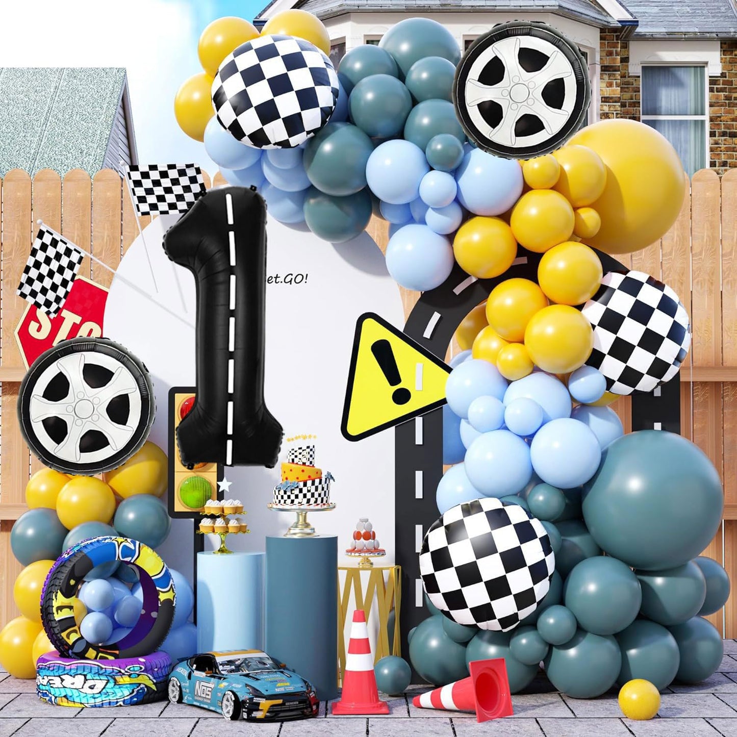 Race Car Birthday Balloons Decorations, 40 Inch Racetrack Black Number 1 Balloons, Large Mylar Black 1 Balloon For 1St Birthday