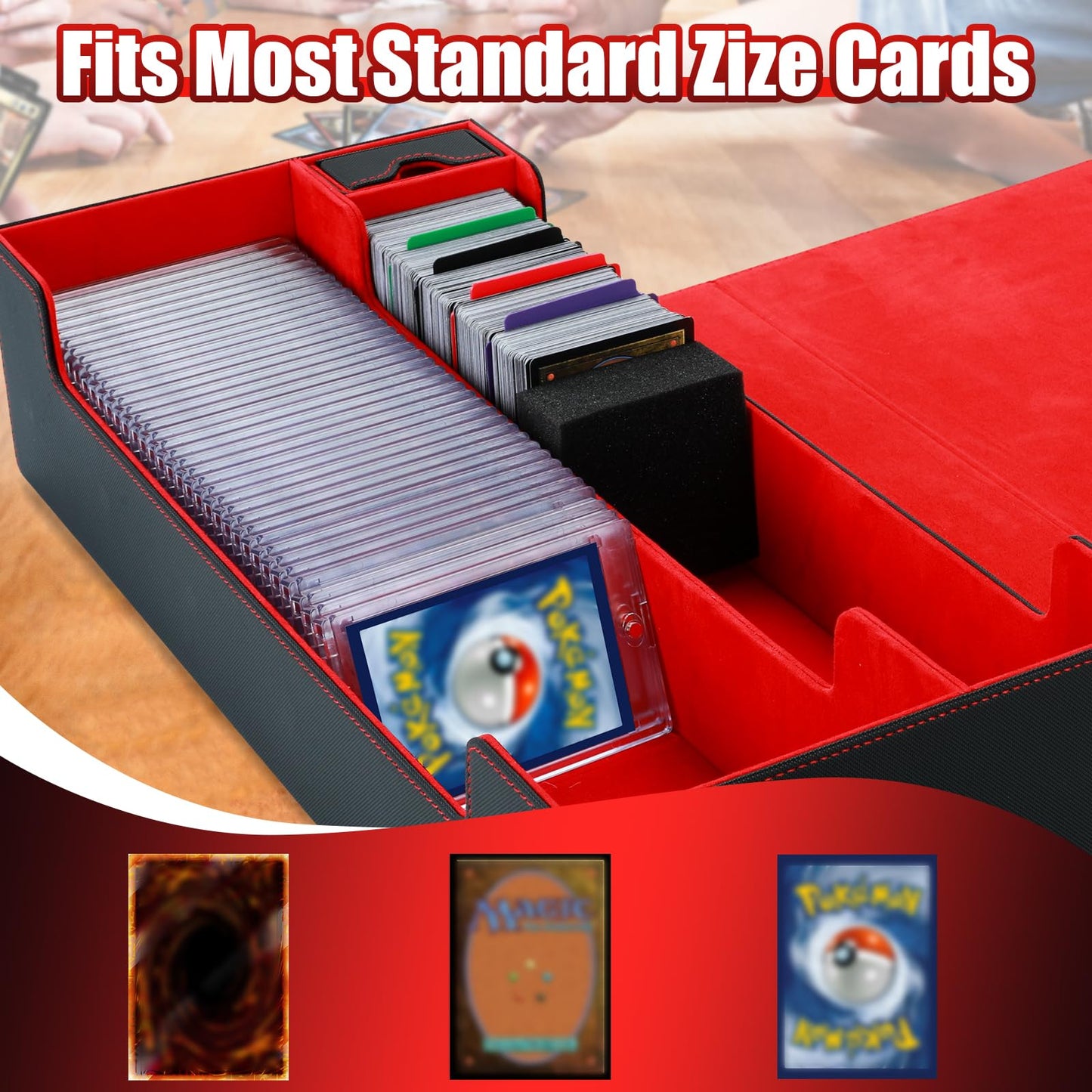 Trading Card Storage Box 2200+ MTG Deck Box Leather Magnetic Closure Commander Deck Box Holds 5 Small Deck Boxes Includes 1 Small Box 8 Dividers 1 Foam Stopper 1 Toploader Black/Red