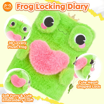 Frog Diary for Girls with Lock Plush FrogToys Gift for Teen Girls Kids Writing Journal Notebook Birthday Gifts for Little Girls Ages 5 6 7 8 9 10-12 Year Old