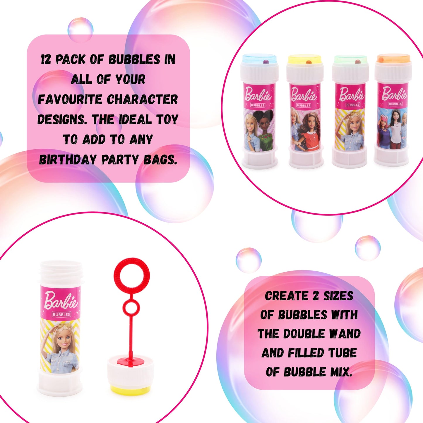 Toyland Pack of 12 Barbie Bubble Tubs with Wands, 2fl oz Solution & Novelty Maze Lid - Pocket Money & Party Bag Toys