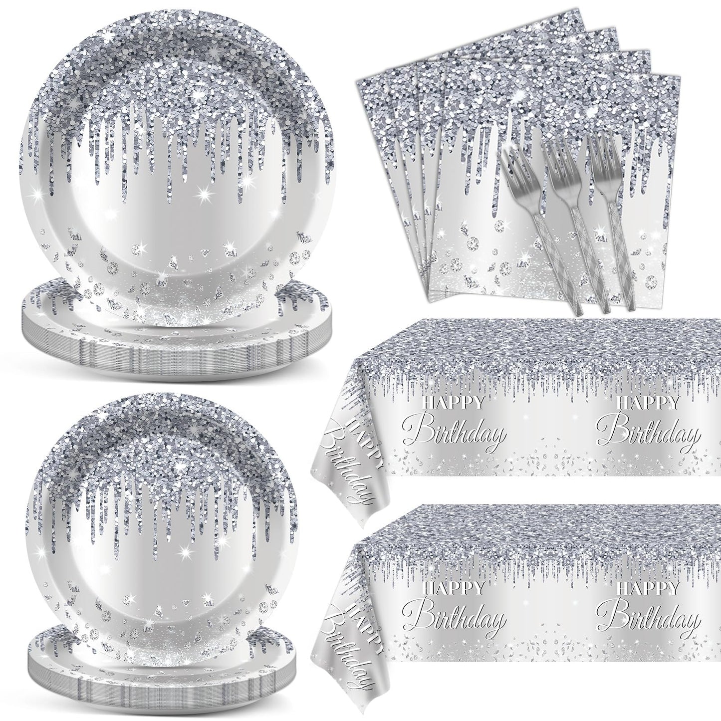 98 Pieces Silver Happy Birthday Decorations For 24 Guests Diamonds Silver Glitter Birthday Party Plates And Napkins Tablecloths Silver Birthday Tableware Set Baby Shower Wedding Party Favors