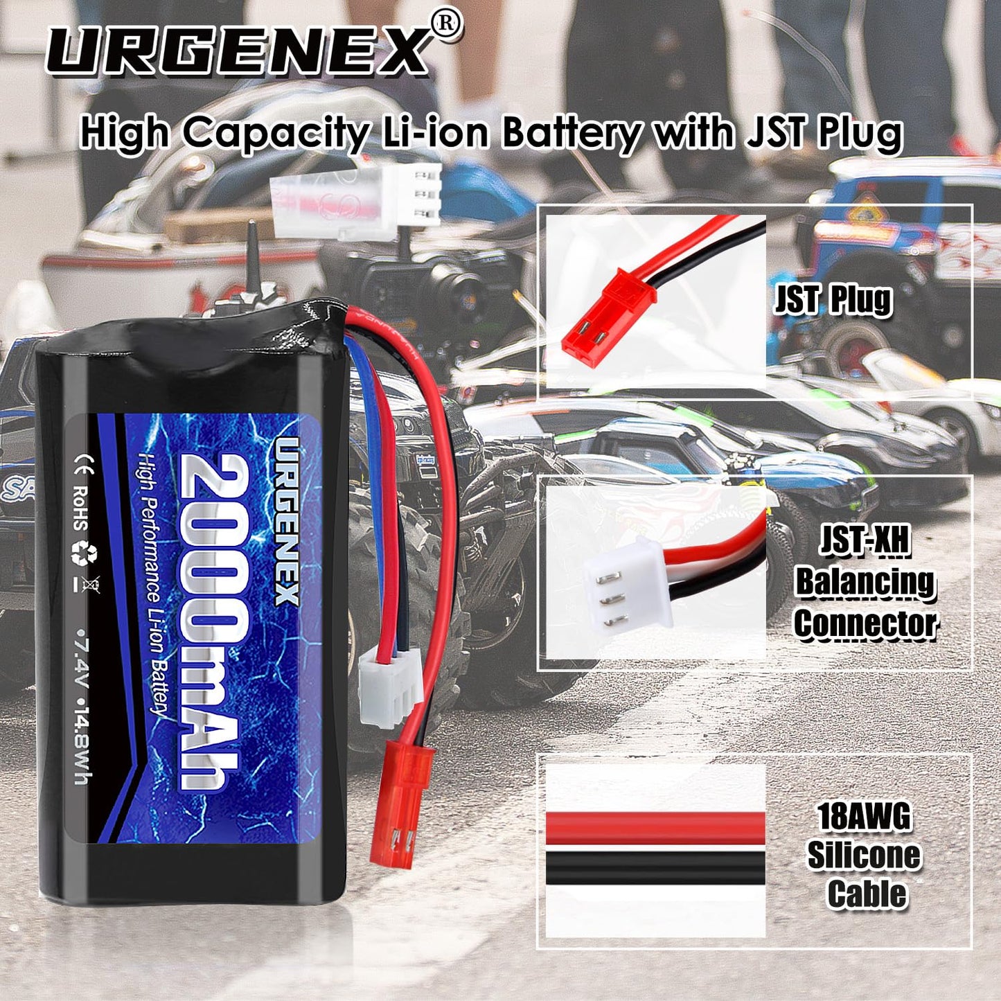 URGENEX 2000mAh 7.4 V Li-ion Battery with JST Plug 2S Rechargeable RC Battery with 1 to 2 USB Charger Fit for RC Helicopter Car