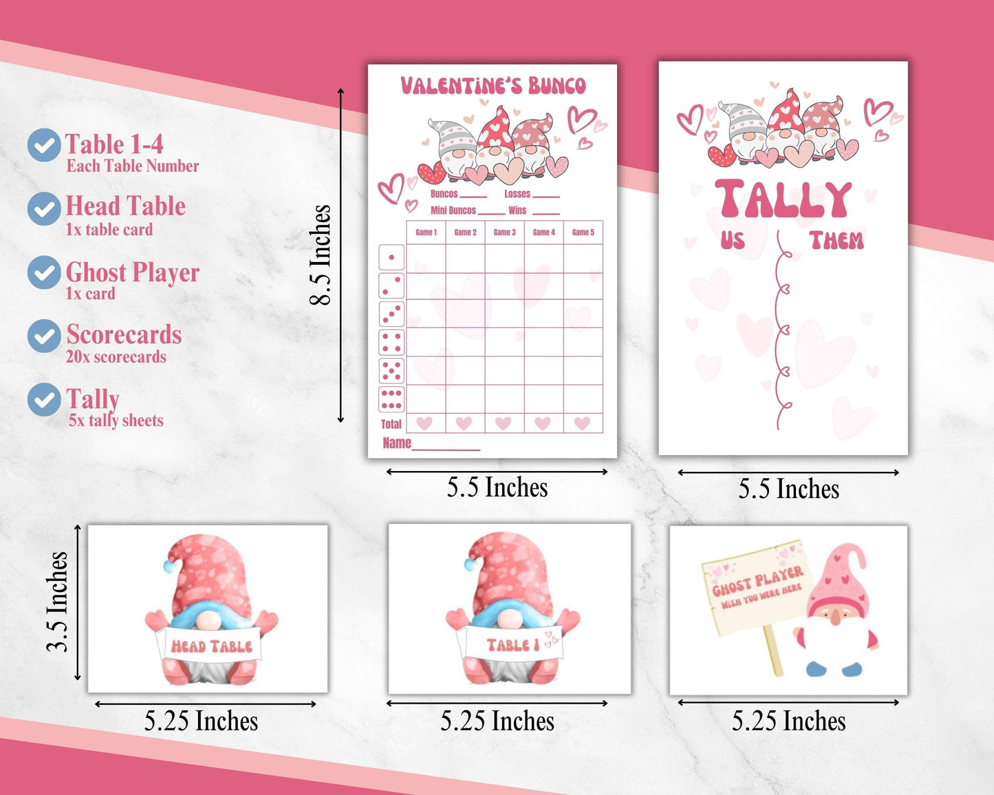 Bunco Valentine'S Day Theme Set. Gnome Vday Themed Bunco Game Kit Includes Score Sheet, Tally Sheet, Ghost Player, Bunco Card. F