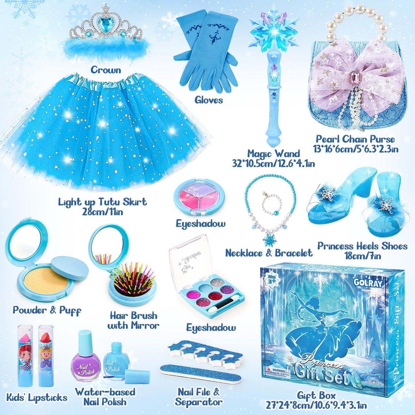 Golray Frozen Toys Makeup Kit & Elsa Dress Up Set - Blue, Real Makeup, Nail Polish, Wand, Purse - Perfect Gift for Girls Age 3-7