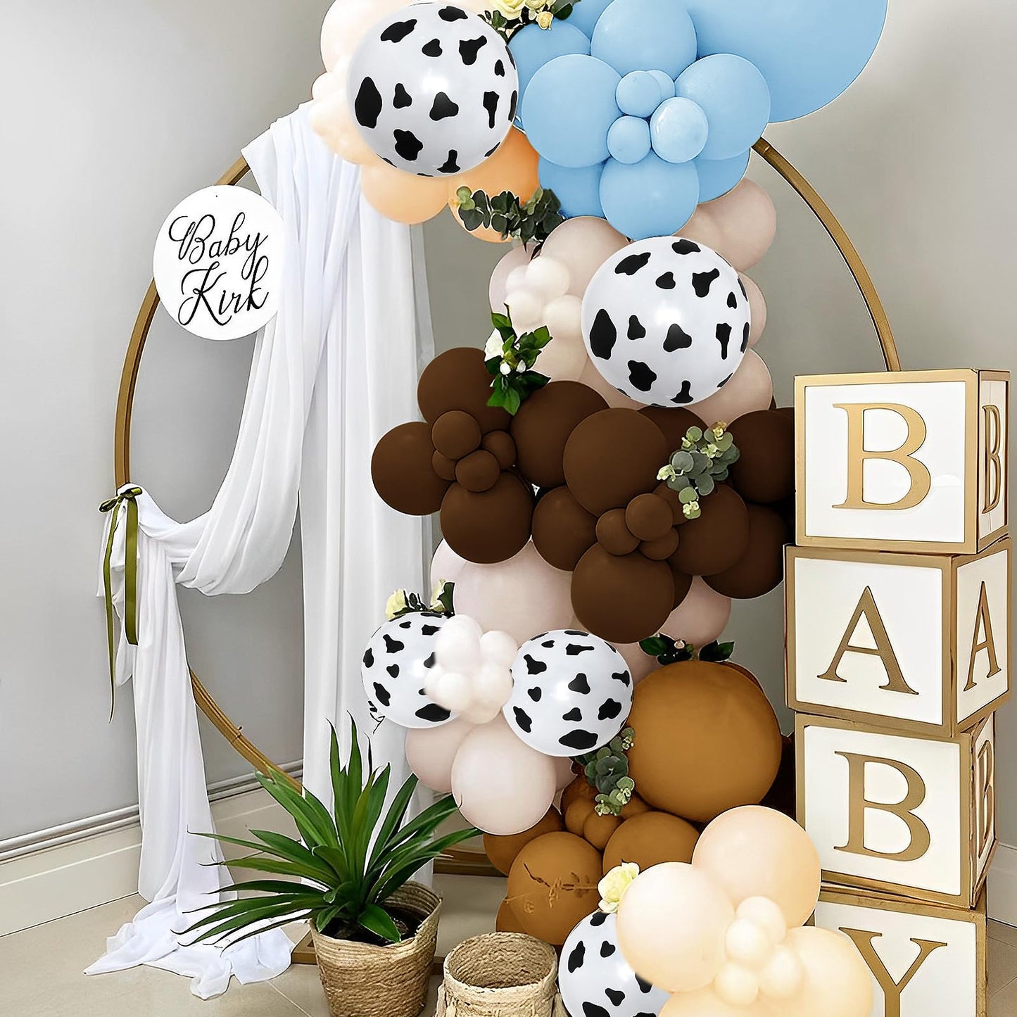 150 Pieces Cow Balloons Garland Arch Kit Cowgirl Cowboy Blue Balloons White Brown Cow Print Farm Animal Balloons For Baby Shower