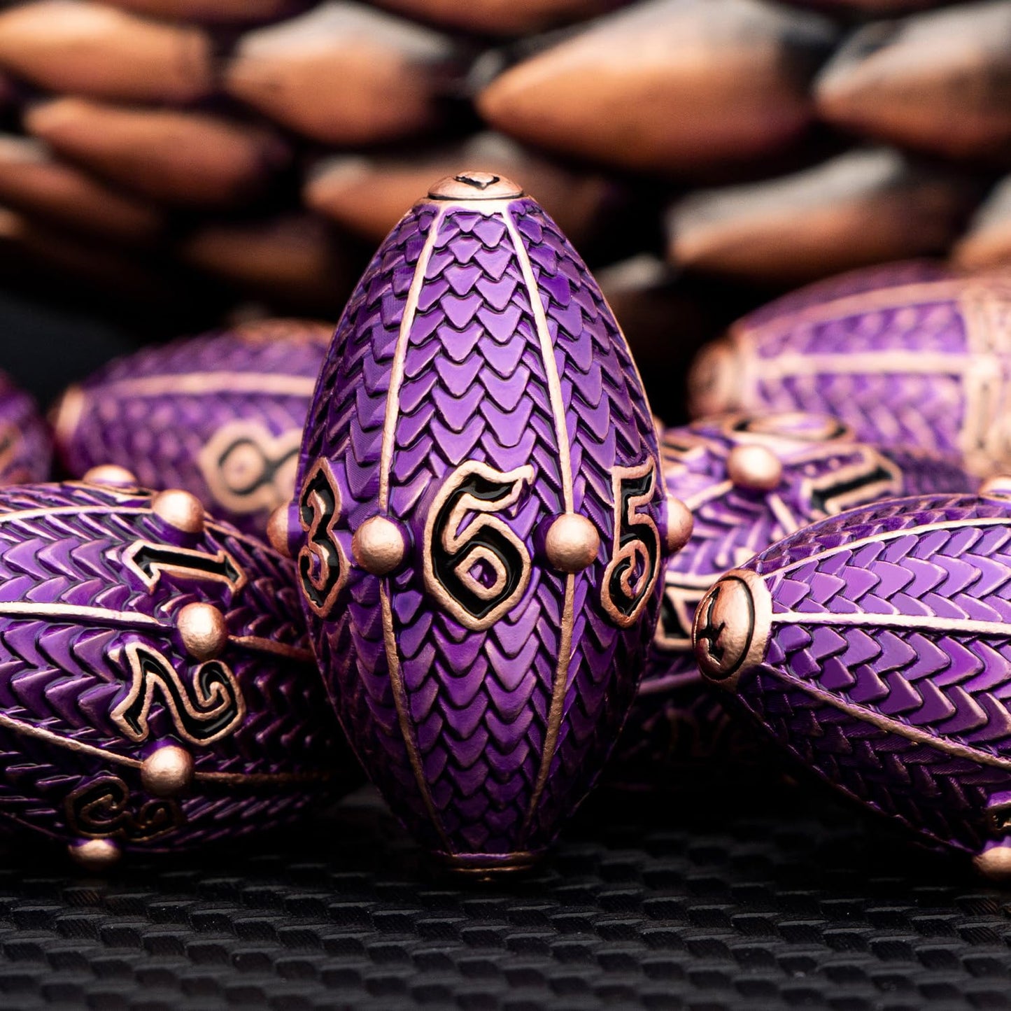 Aruohha Dnd Metal Dice Copper Purple Dragon Egg Dice With Metal Box, Role Playing Game Rpg Polyhedral D And D Dice Set D20 D12 D