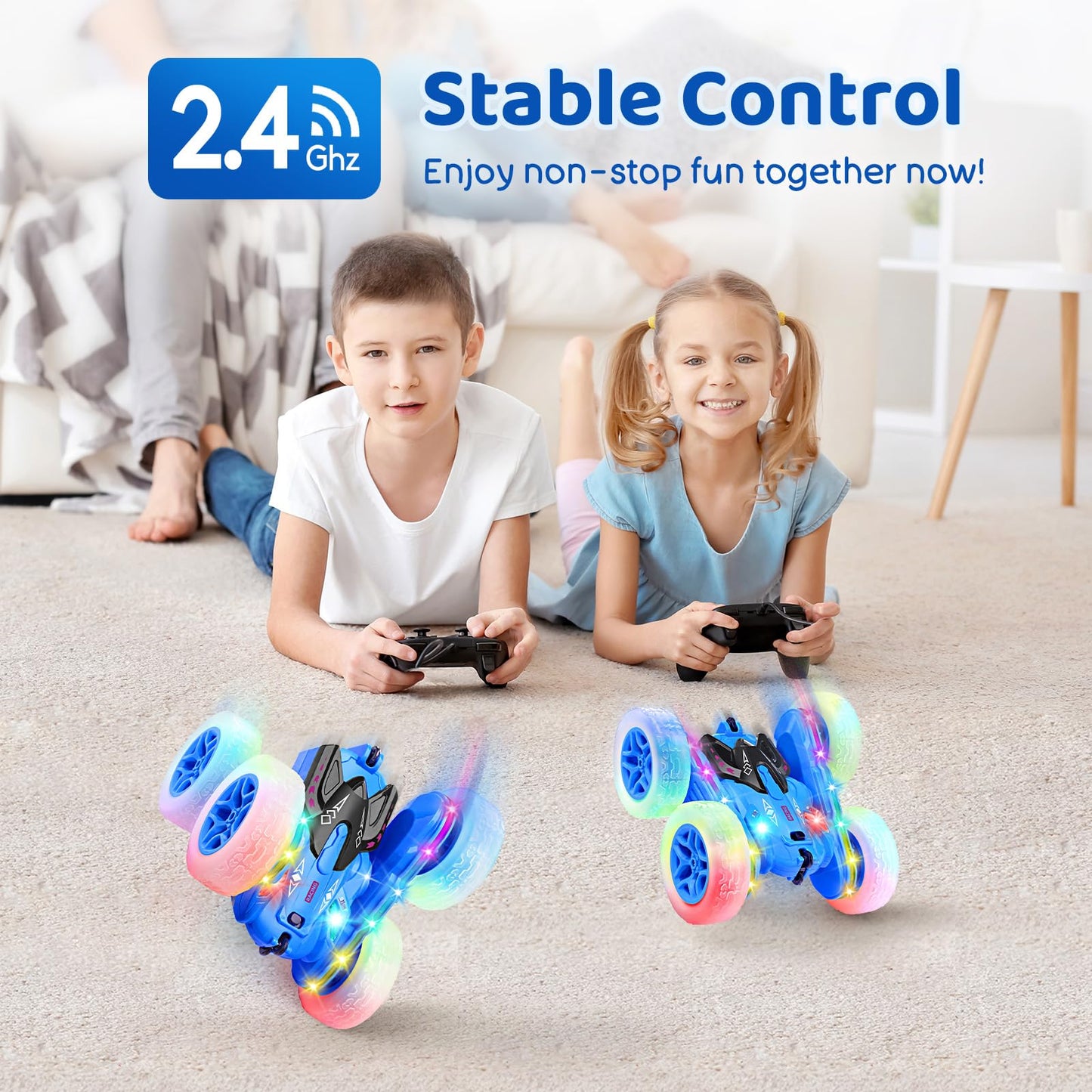 SGILE Remote Control Car, Stunt Car with Sides Light Strip and Headlights, 2.4Ghz Double Sided 360 Flips Rotating Race Car, Rech