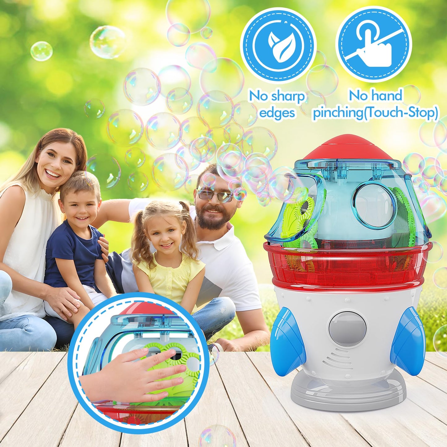 Bubble Machine Automatic 360 Rotatable Rocket Bubble Blower Machine with 2 Fans Lights Music for Kids Toddlers 1-3 Bubble Maker Machine for Indoor Outdoor Wedding Party Birthday Gifts