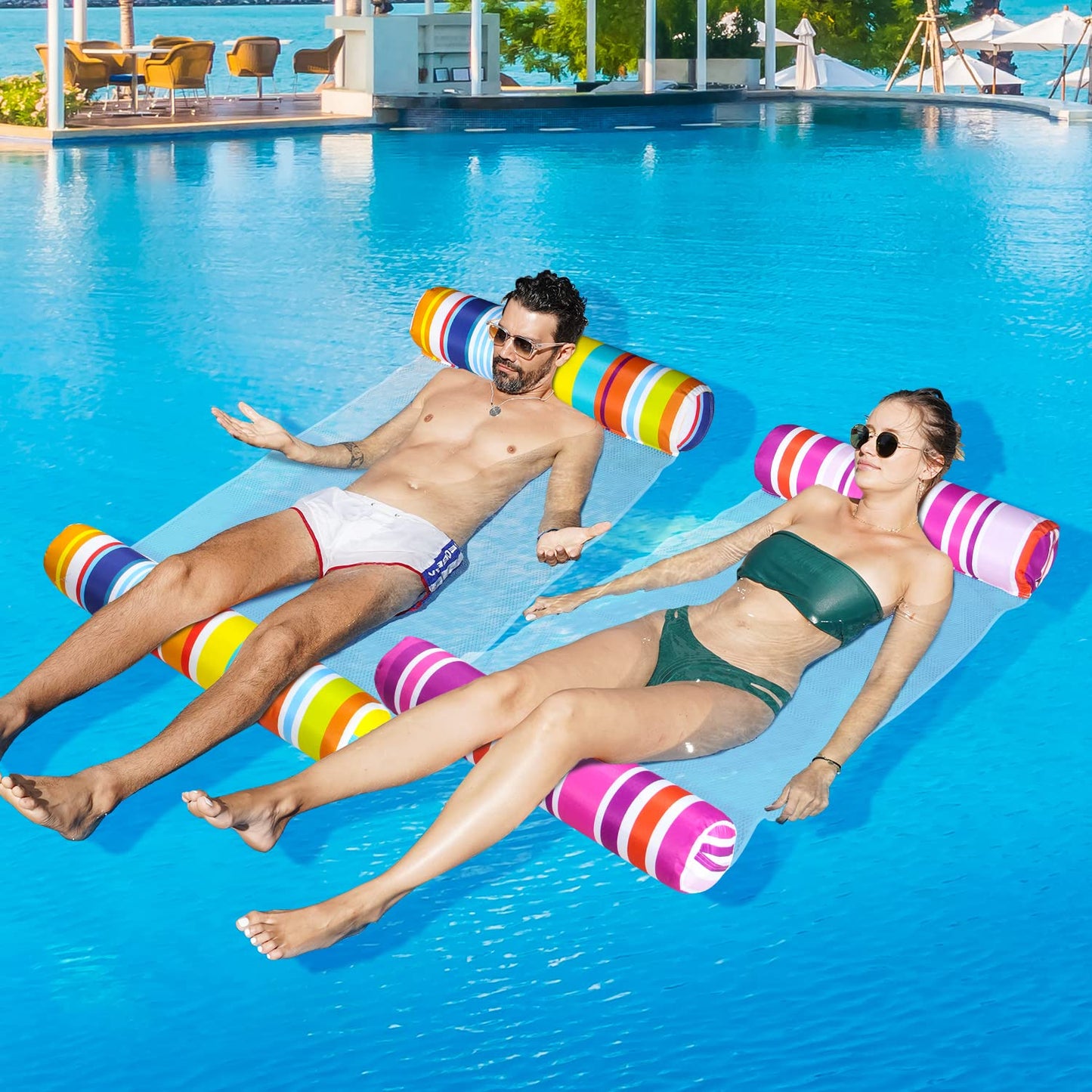 Finduwill 2 Pack Fabric Water Swimming Pool Floats Hammock, Xl, Inflatable Multi-Purpose Water Hammocks Floaties (Saddle, Lounge