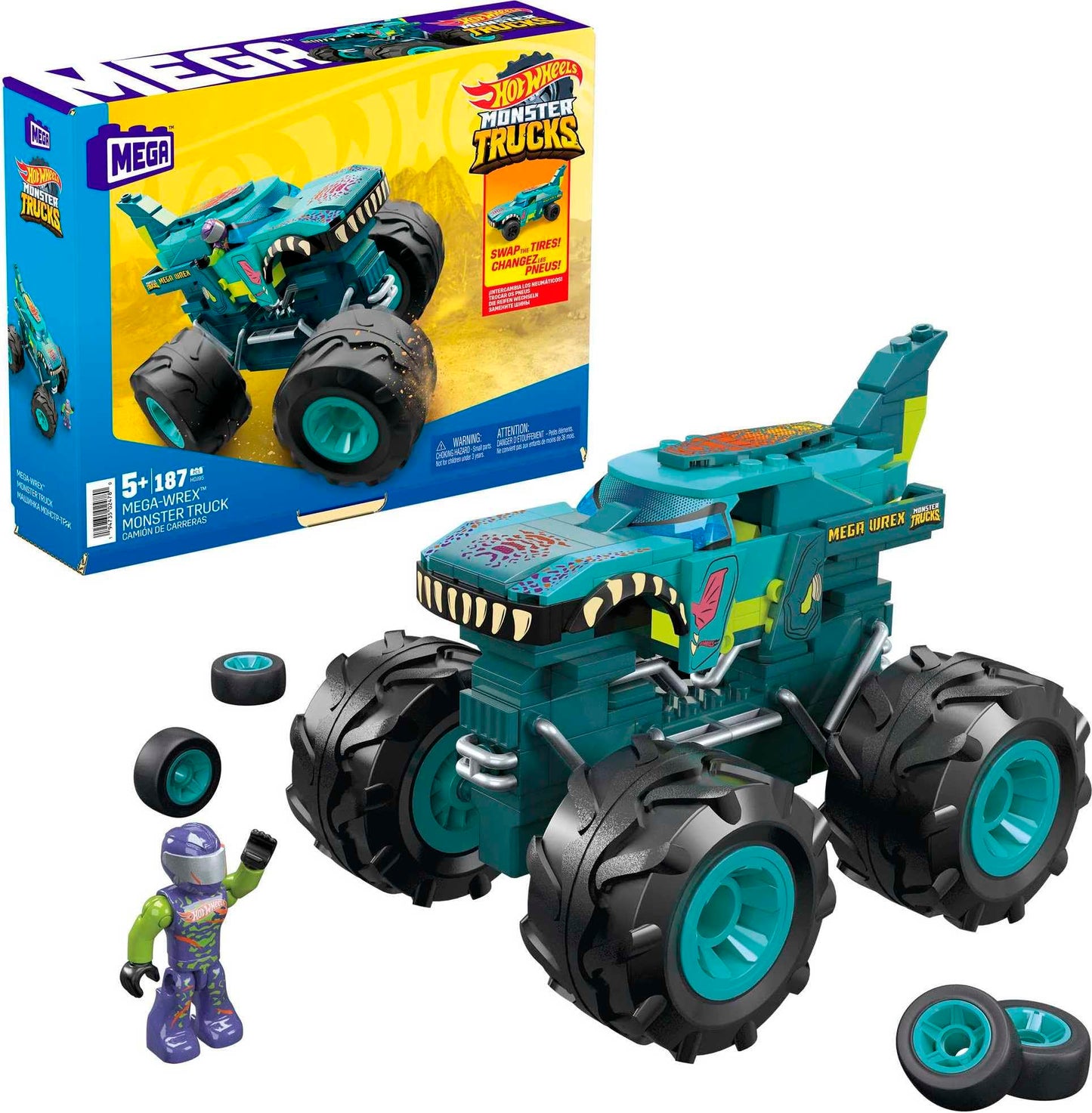 MEGA Construx Hot Wheels Monster Trucks Toy Car Building Set, MEGA-Wrex with 187 Pieces, 1 Micro Action Figure Driver, Red, Kids