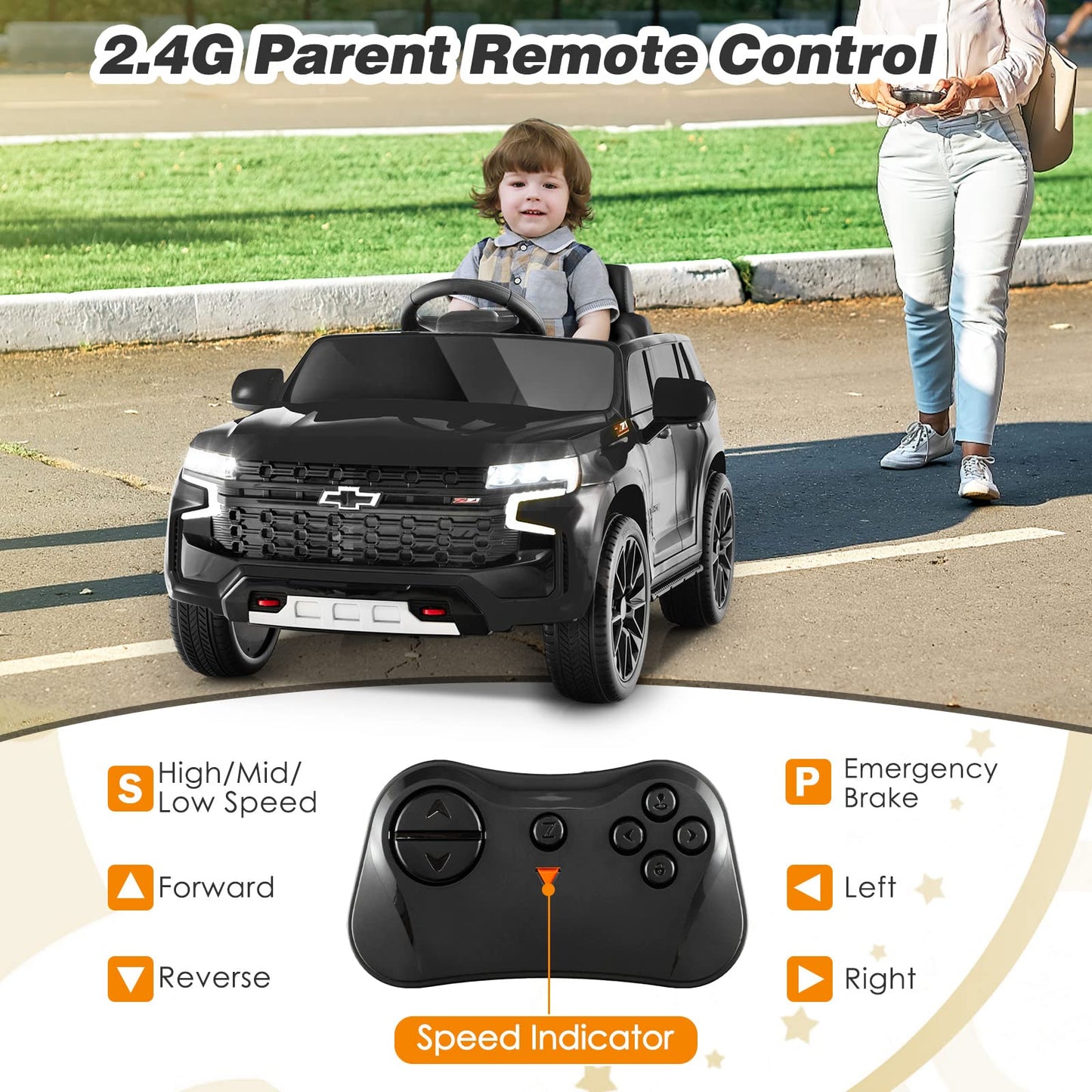 Costzon Ride On Car, 12V Licensed Chevrolet Tahoe Battery Powered Electric Vehicle W/ 2.4G Remote Control, High/Low Speed, Music, Lights, Mp3/Usb/Fm, Spring Suspension, Electric Suv For Kids (Black)