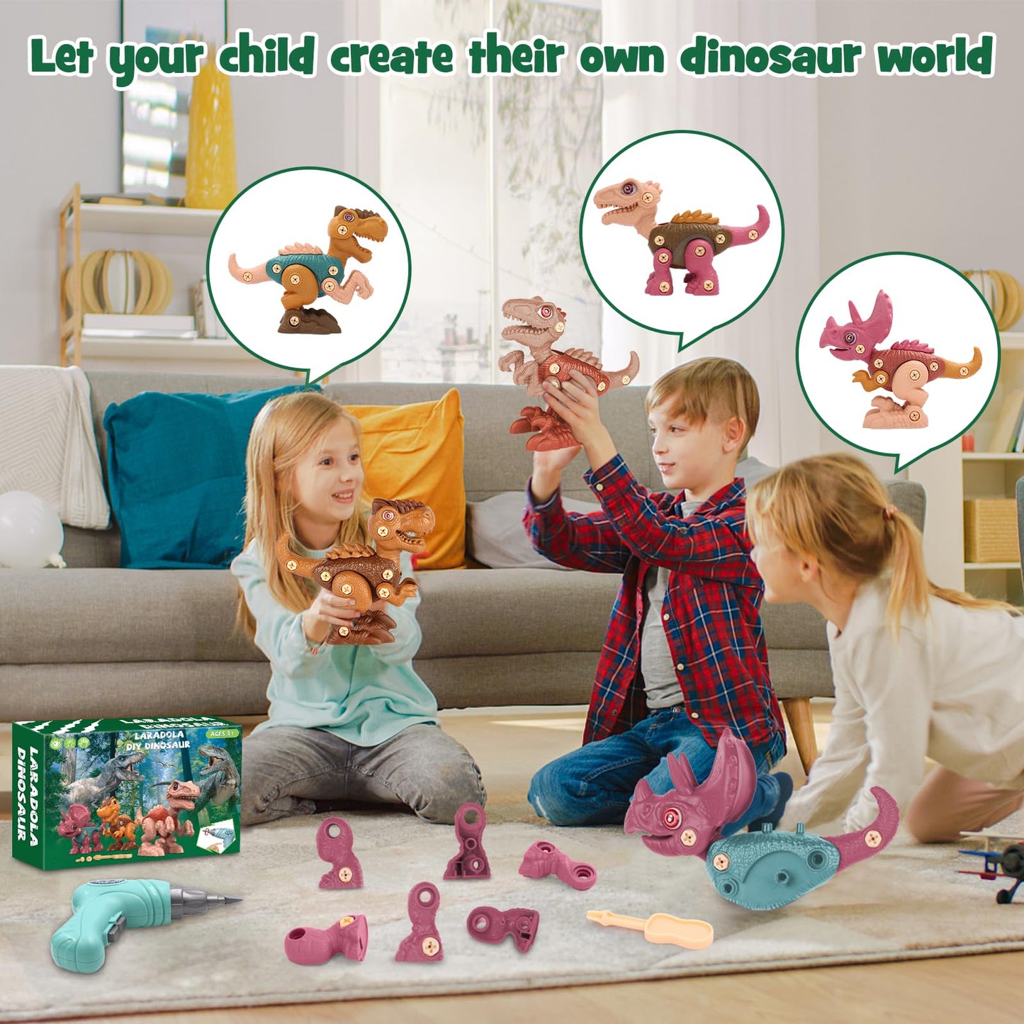 Laradola Dinosaur Toys For 4 5 6 7 8 Year Old Boys, Take Apart Dinosaur Toys For Kids 3-5 5-7 Stem Construction Building Kids Toys With Electric Drill, Party Birthday Gifts (Blush Pink)