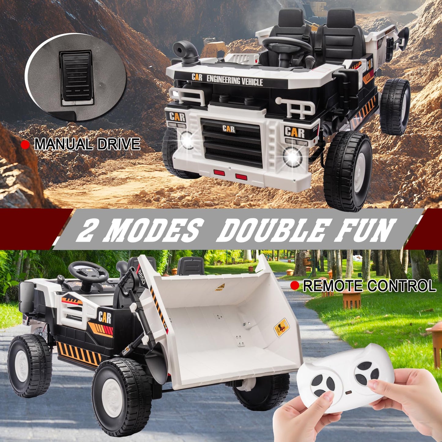 POSTACK 24V 8Ah Ride on Dump Truck with Electric Dump Bed, Ride on Construction Vehicle, 4WD Kids Electric Car with Remote Contr