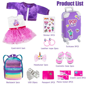 18 Inch Doll Clothes And Accessories School Supplies Playset Accesscories Doll Travel Suitcase Set Including Coat,Dress,Suitcase,Hairpin,Hair Ring,Stickers,Shoes (No Doll)