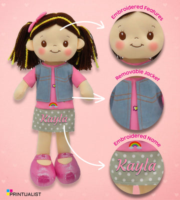 Personalized Rag Dolls for Girls - Custom 16 Inches Soft Plush Snuggle Baby Doll for Toddlers Stuffed Toys - Muecas de Trapo Personalizadas para Nias - Denim Vest and Skirt