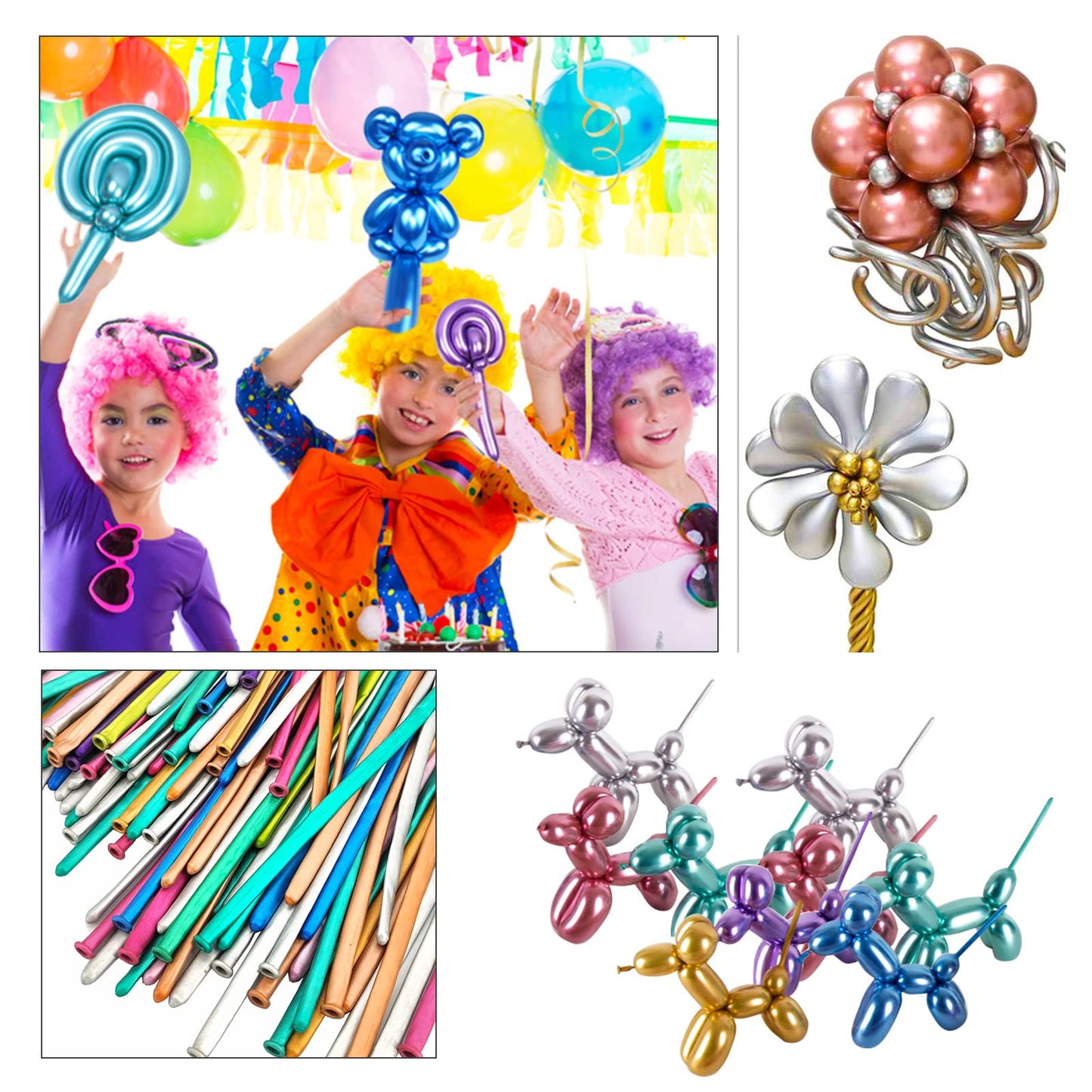 ASIYUHY Metallic 260 Long Balloons - 100 Pack Assorted Rubber Twisting Balloons for DIY Animal Models, Weddings, and Parties