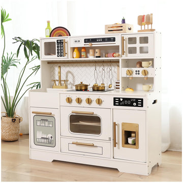 Interactive Wooden Play Kitchen Set For Kids Realistic Features With Extended Storage And 15 Kitchen Accessories, Ideal Pretend