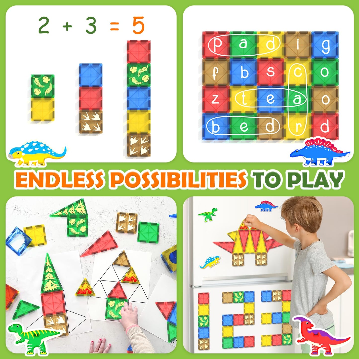 Dinosaur Toys Magnetic Tiles Jurassic Scenes Dinosaur World, Magnetic Blocks Stem Sensory Toddler Kids Games, Creative Toys Gifts For 3+ Years Old Boys Girls Dinosaur Toys For Kids 3-5 5-7