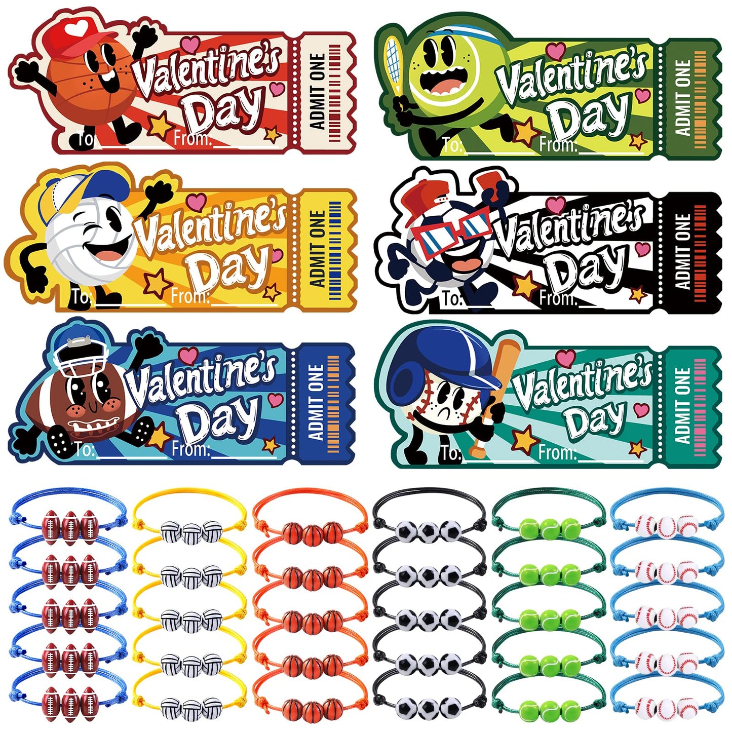 DIYDEC 30Pcs Valentines Sports Bracelets with Cards 6 Styles Soccer Basketball Bracelets for Kids Valentines Party Favors Sports