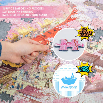 MOMIBOOK Puzzles for Adults 1000 Piece Jigsaw Puzzles of Arashiyama Sakura Tour, Painting Image Cherry Blossom Difficult Challen