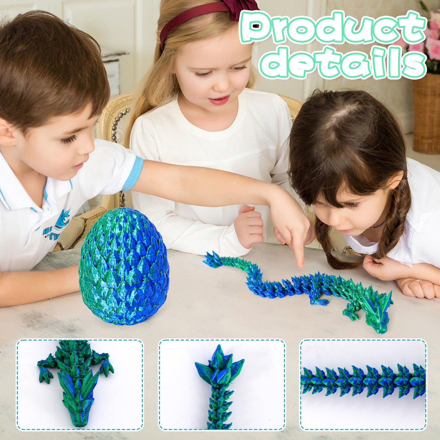 Philicoco 3D Printed Articulated Dragon Egg - Easter Basket Stuffers, Fidget Toy Gift for Kids & Adults(Green)