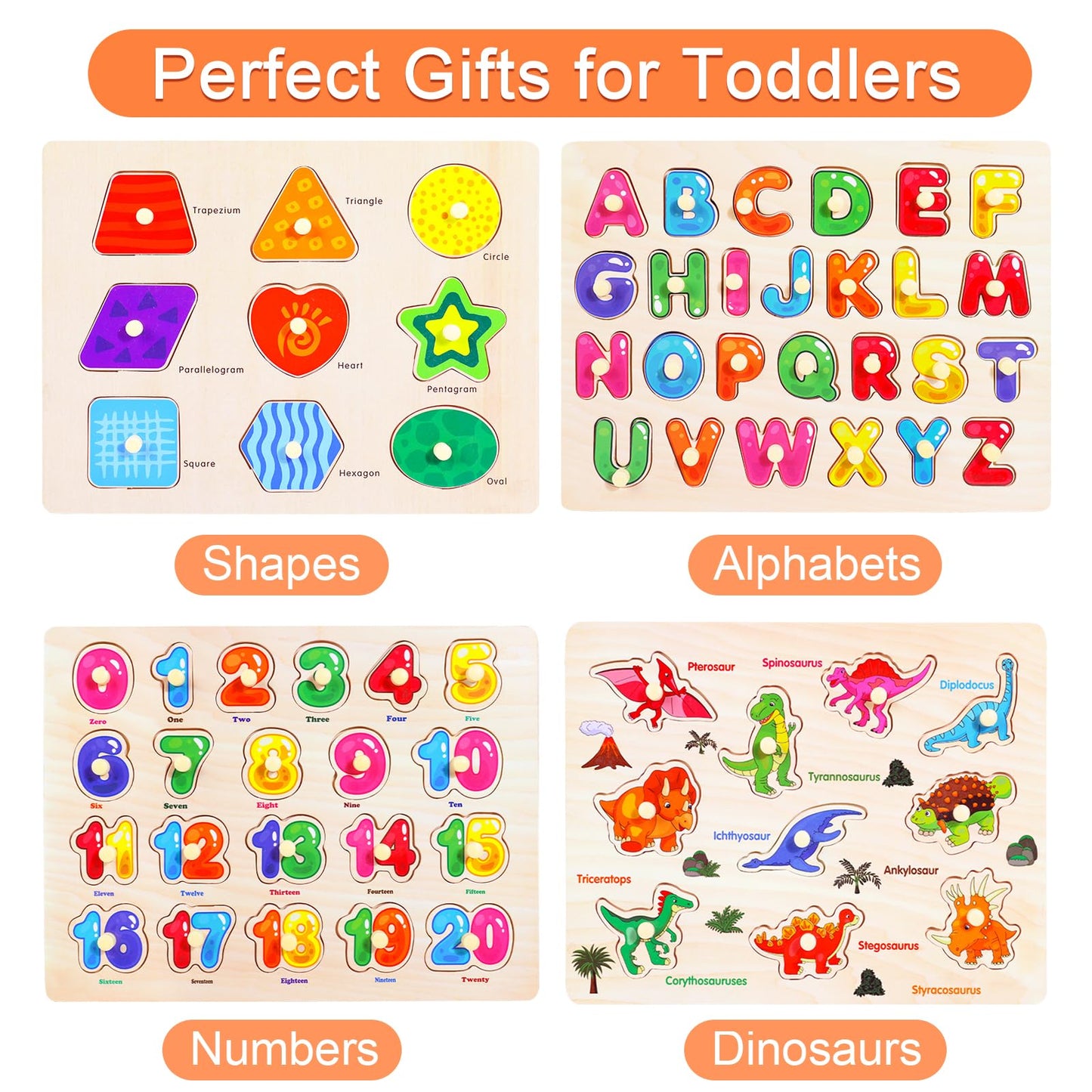 Montessori Wooden Peg Puzzles For Toddlers 2 3 4 5 Year Old, 4 Pcs Kids Educational Toys Preschool Learning Activities-Alphabet,
