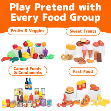 Jaxojoy 122 Piece Pretend Play Food Set for Kids - Toy Food for Kids Kitchen Set, Pretend Play Kitchen Food, Kids Kitchen Access