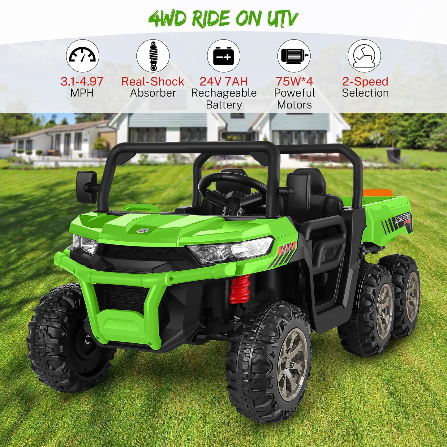 Hikole 24V Kids Electric Dump Truck Car, 2 Seater Ride On Car For Kids W/Remote, Battery Powered Electric Car W/Motorized Dump B