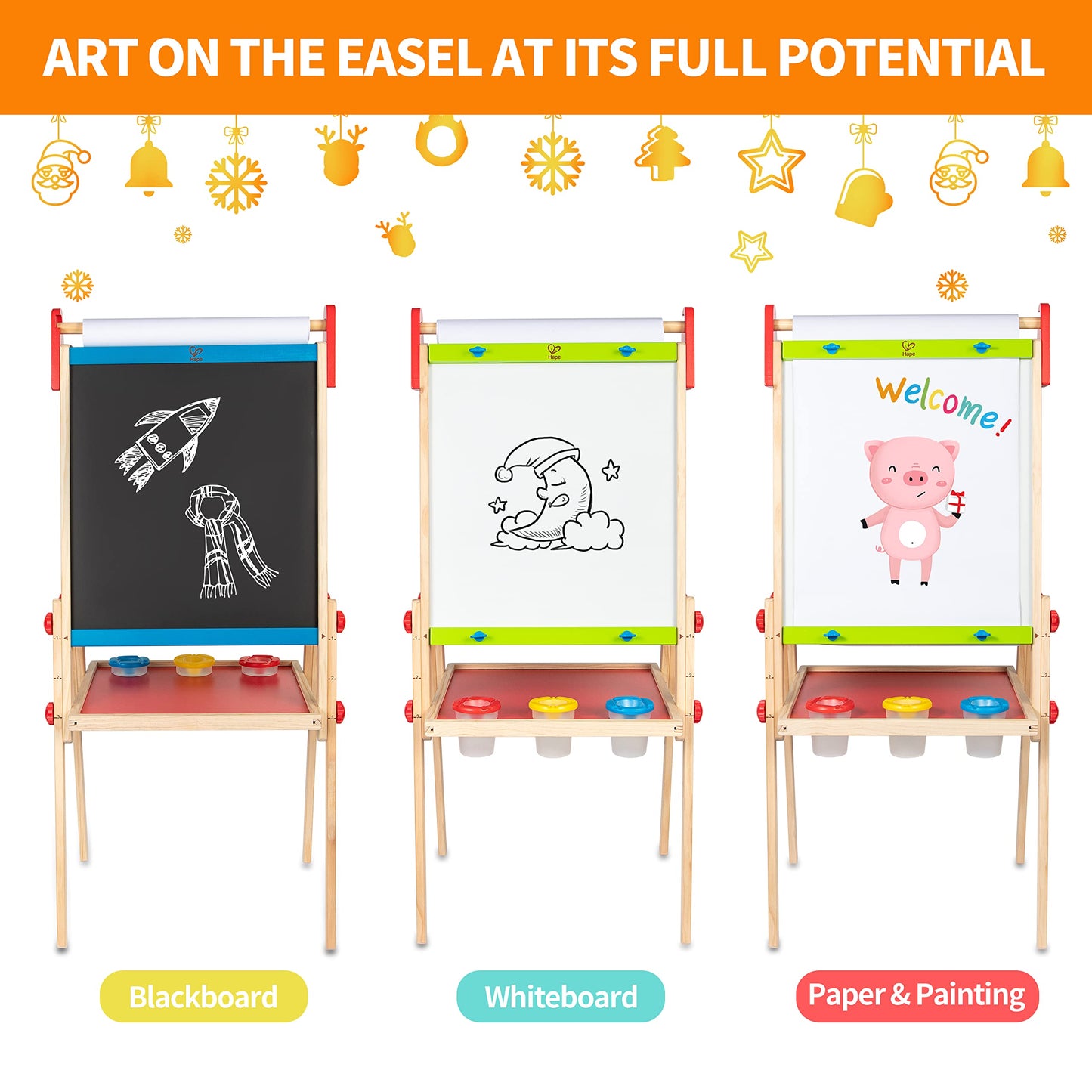 Hape Magnetic All-in-1 Kids Easel - Height Adjustable, Wooden, Cream, 18.9x15.9x41.8 inch, Model E1010B, Includes 3
