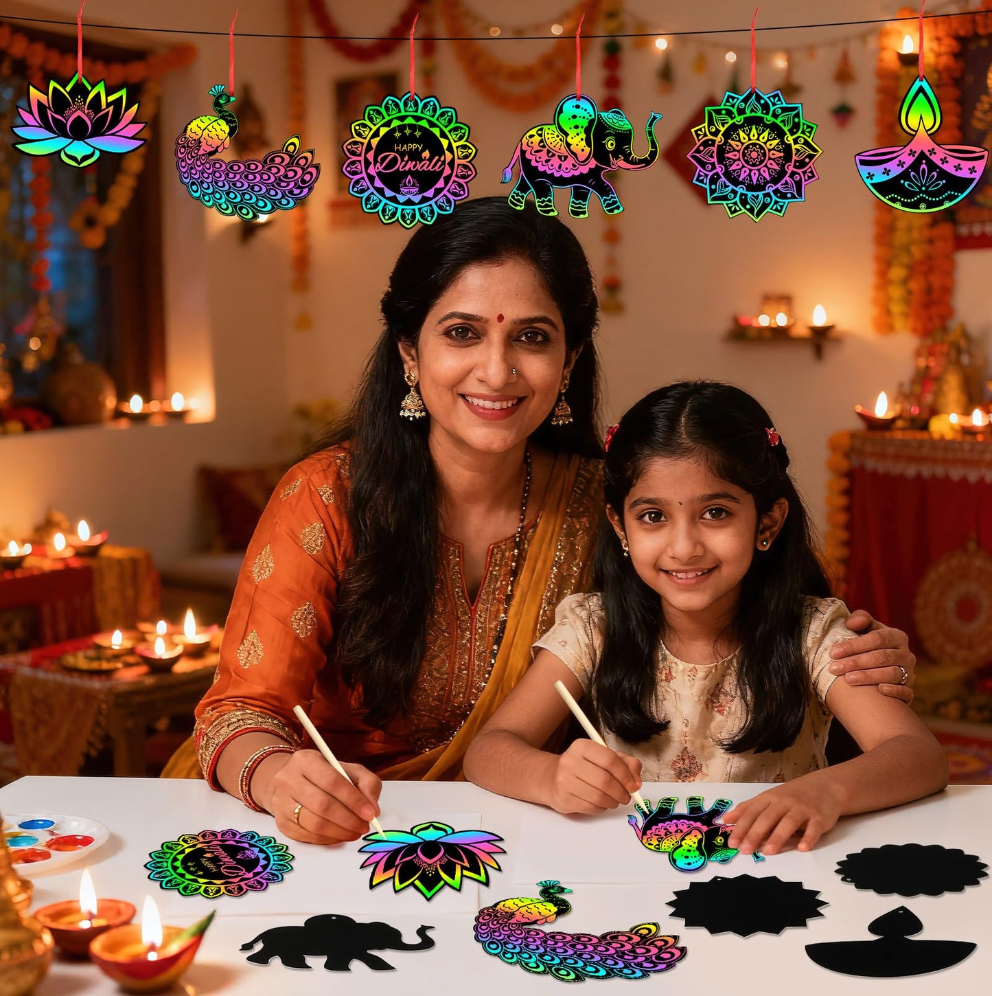 JULMELON 36 PCS Diwali Crafts, Rainbow Scratch Art DIY Scratch Paper Cards Magic Color Diwali Gifts Arts and Craft Kits Bulk Hap