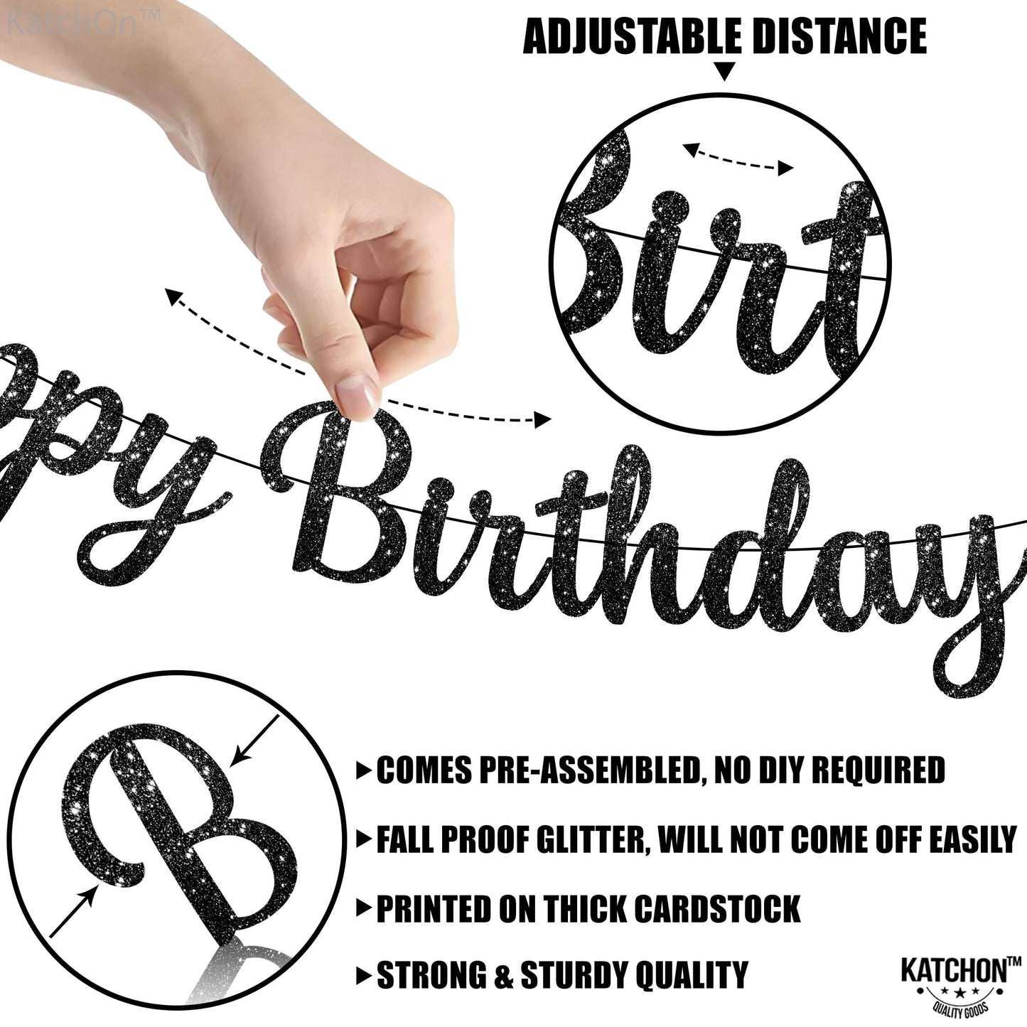 Katchon, Cursive Glitter Black Happy Birthday Banner - Pre-Strung, 10 Feet, No Diy | Black Birthday Party Decorations | Black Happy Birthday Sign Girls, Black Happy Birthday Decorations For Women