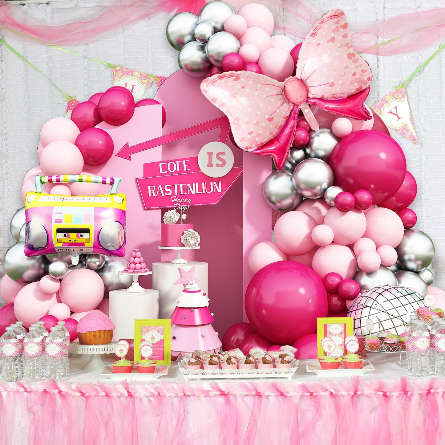 Pink Balloon Garland Arch Kit, Hot Pink Silver Balloon Arch With Disco And Bow Foil Balloon For Theme Party Girl Birthday Party Baby Shower Princess Decorations